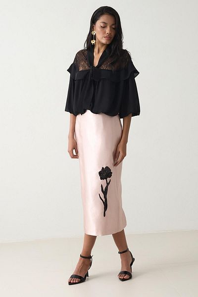Setre Dark Powder Embroidery Detailed Pencil Skirt