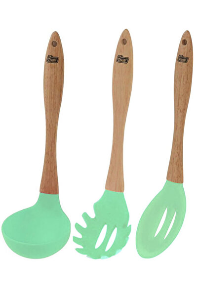 TİVOLİ Wooden Handle Tip Silicone Hole Serving Spoon, Serving-Soup Ladle, Pasta Ladle Green