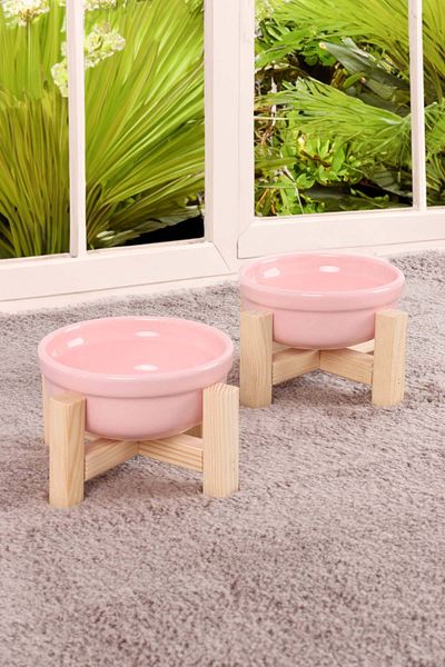 GOBYPET Ceramic Decorative 2 Pieces Cat Dog Food and Water Bowl with Wooden Stand
