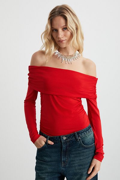 GRIMELANGE Babel Women's Lycra Viscose Bardot Collar Soft Red Blouse
