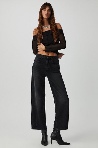 GRIMELANGE Nerys Women's Strapless Collar Off-The-Shoulder Long Sleeve Slim Fit Black Blouse