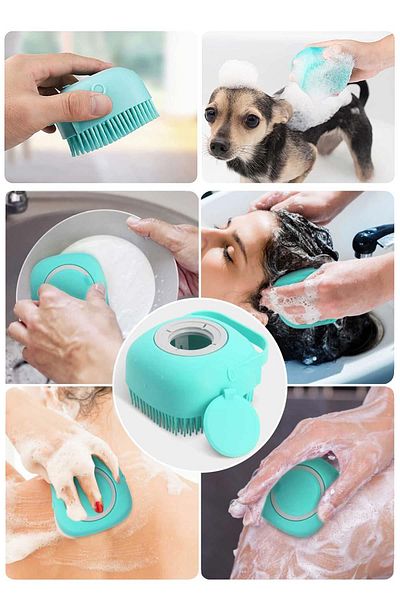 GOBYPET Cat and Dog Pet Washing Brush with Shampoo Tank Silicone Blue