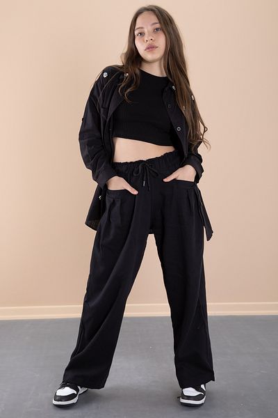 Cansın Mini Μαύρο κορίτσι Cropped πέτρινο πουκάμισο και παντελόνι 3 τεμαχίων 20471