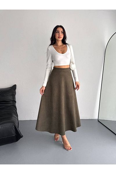 Ozy Fashion Fusta evazată verde kaki din piele intoarsa pentru femei