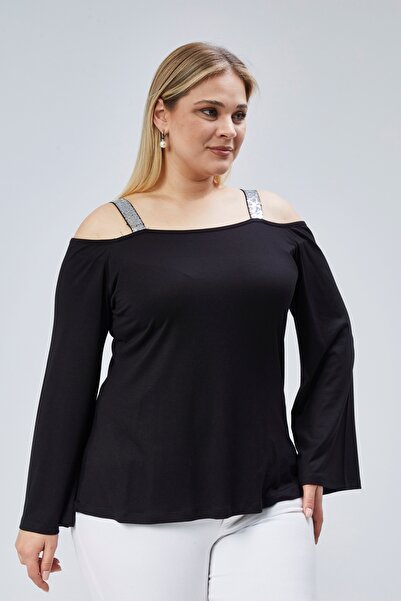 Curvy Trend Ισπανική μπλούζα με λουράκι με πούλιες σε μεγάλο μέγεθος