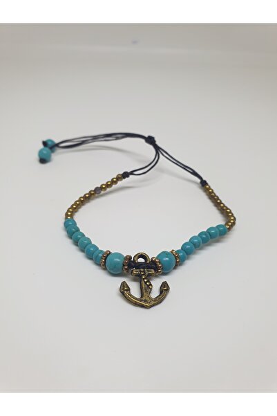 mama india alaçatı Anchor Figured Turquoise Stone Adjustable Brass Bracelet No:4