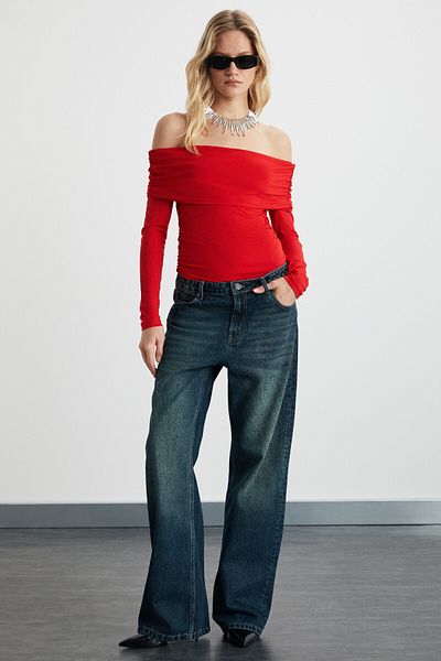 GRIMELANGE Babel Women's Lycra Viscose Bardot Collar Soft Red Blouse