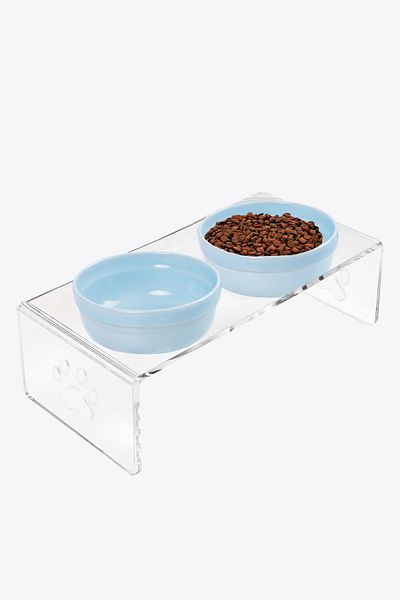 GOBYPET Blue 2-Piece Ceramic Decorative Cat and Dog Plexiglass Food and Water Bowl Mat