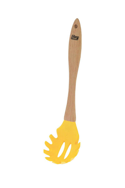 TİVOLİ Wooden Handle Tip Silicone Hole Serving Spoon, Serving-Soup Ladle, Pasta Ladle Yellow