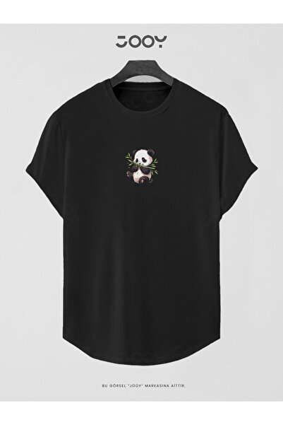 Jooy تي شيرت أسود بطبعة باندا من الخيزران ذو قصة بيضاوية