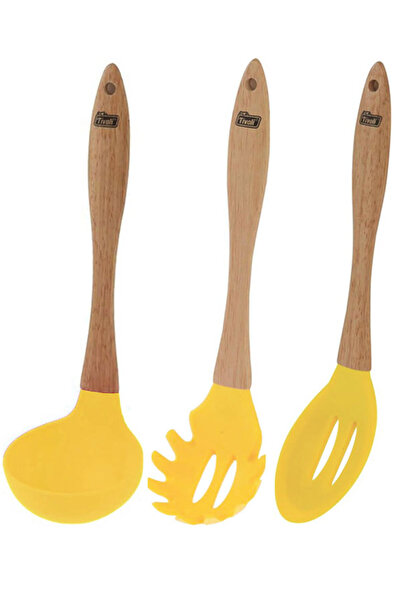 TİVOLİ Wooden Handle Tip Silicone Hole Serving Spoon, Serving-Soup Ladle, Pasta Ladle Yellow