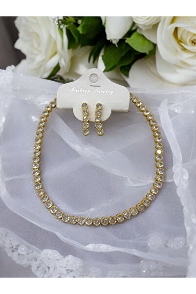 FASHION Melekcehobi Takı Gold Zirkon Taşlı Kolye Küpe Seti
