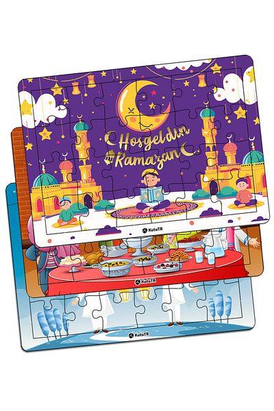 kutuTR 🌙 🧩   3-Piece Ramadan Themed Wooden Puzzle Set |   18X25Cm |   24 Pieces 🧩 🌙   Set 8 - Ramadan Month Series
