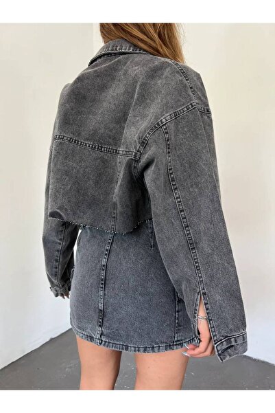 ÇEÇİM KADIN ÇİFT CEPLİ LAZER KESİM CROP DENİM CEKET ZYN-58394