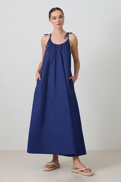Setre Navy Blue Shoulder Detailed Cotton Comfortable Fit Dress