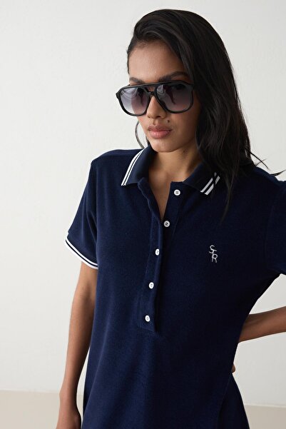 Setre Синя вузька модель з ґудзиками спереду та коміром, короткі рукави, міні-сукня з смугастої тканини