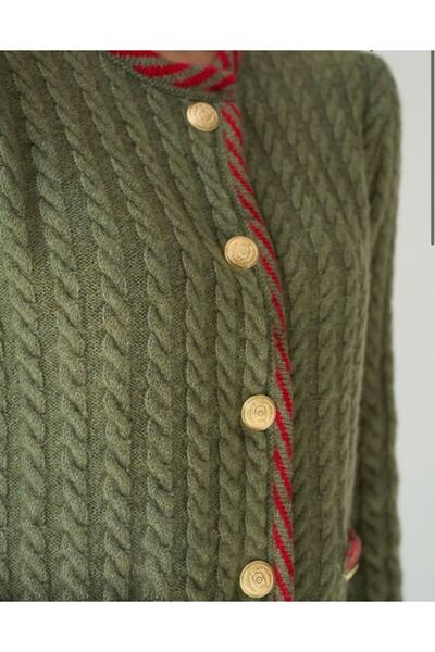 MODA Зелено-червона кофта з ґудзиками, коміром, плетеним візерунком і кишенями