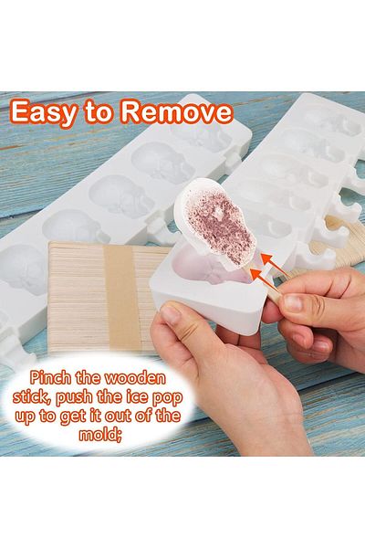 fulina Easy Release Reusable Cake Skull Popsicle Mold, 2 Piece with 100 Piece Popsicle Sticks