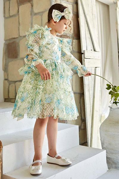 Riccotarz Rochie albastră umflată cu imprimeu floral din tul transparent pentru fete, cu umeri și talie cu volane