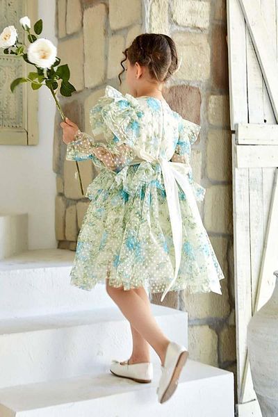 Riccotarz Rochie albastră umflată cu imprimeu floral din tul transparent pentru fete, cu umeri și talie cu volane