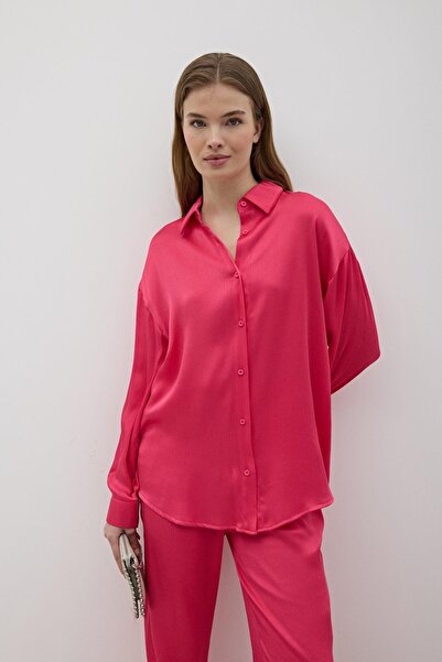 LEVURE Kadın Önü Düğmeli Oversize Saten Gömlek FUŞYA