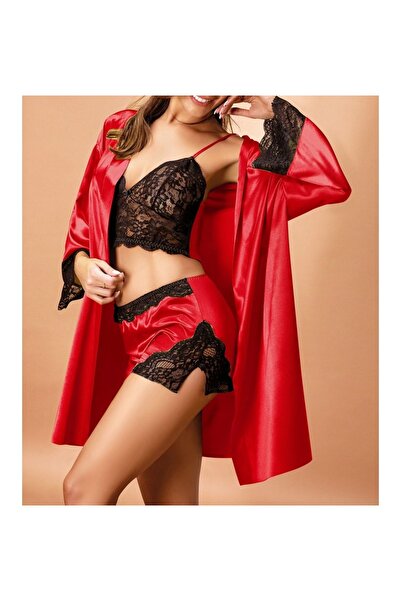 ROZELT Жіночий бордовий комплект з бралетом, шортами та кімоно Amber