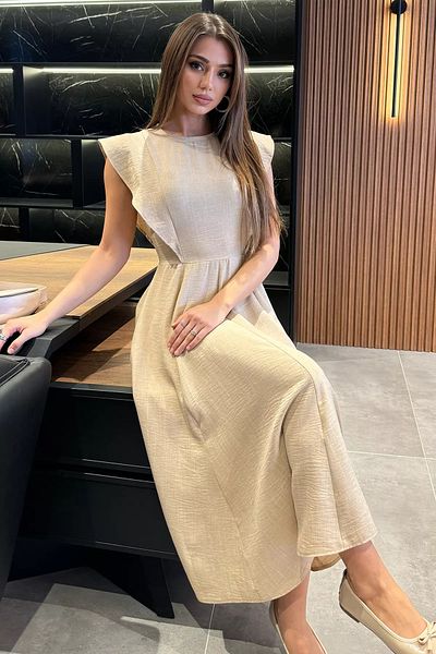 GÜLSELİ Μπεζ γυναικείο φόρεμα με λαιμόκοψη