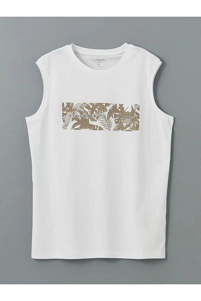 LC Waikiki Ανδρικό αμάνικο μπλουζάκι LCWAIKIKI Classic White Crew Neck με στάμπα