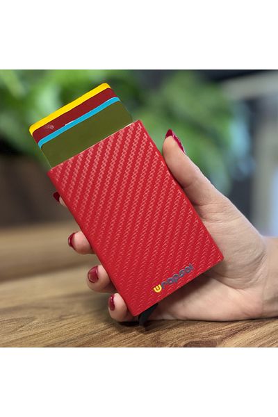 Wrapsol Suport pentru carduri de credit cu mecanism de protecție din aluminiu - carbon roșu