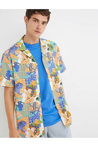 Koton Ethnic Printed Cotton Summer Shirt - Short Sleeve, Turn-Down Collar