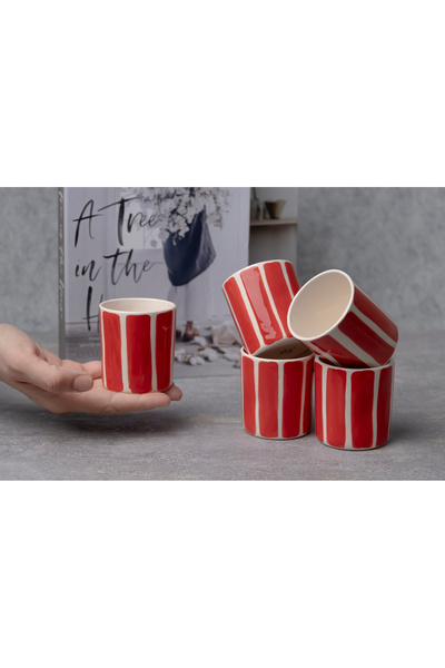 Melouro Red Striped Set of 3 Handmade Ceramic Cups with Handles, Mug