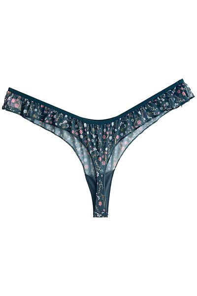 Cottonhill Tenan Green Floral Patterned Tulle Thong Panties with Frilled Edges