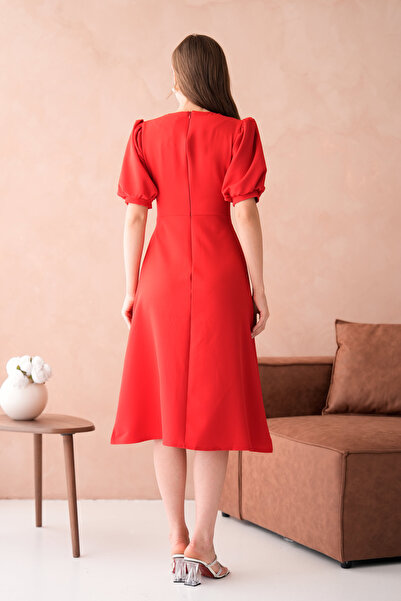 bayansepeti Red Atlas Fabric with Button Accessories V-Neck Balloon Sleeve Bell-Cut Midi Evening Dress 153