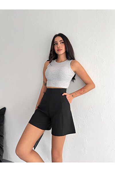 Ozy Fashion Διπλό υφασμάτινο σορτς μίντι με φερμουάρ στην πλάτη