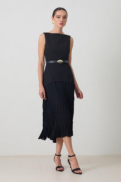 Setre Black Sleeveless Waist Belted Slim Fit Turtleneck Dress