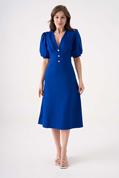 barış sülün lovebox Saks Blue Midi Dress - V-Neck, Button and Princess Sleeve...