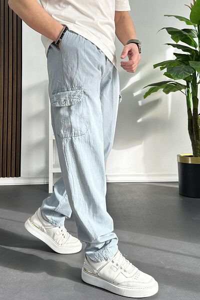Edwox Men's Baggy Fit Cargo Pocket Pants Light Blue Edw131