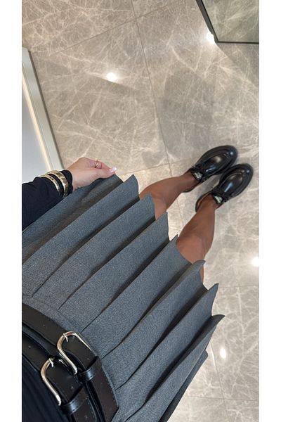 sinemkivanc co Gray Pleated Double Belt Skirt