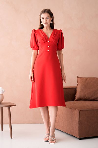 bayansepeti Red Atlas Fabric with Button Accessories V-Neck Balloon Sleeve Bell-Cut Midi Evening Dress 153