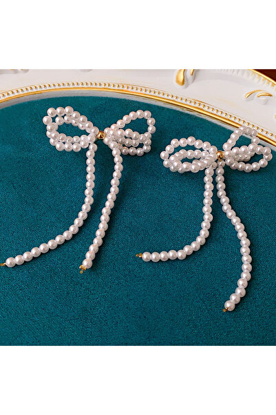 Choice أقراط متدلية من اللؤلؤ الصناعي باللون الأبيض مع عقدة فيونكة للنساء، مت...