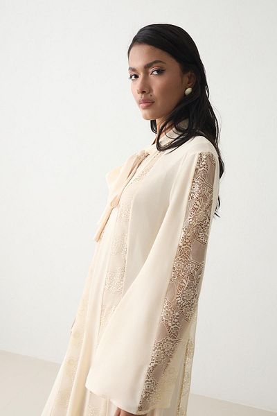 Setre Butter Yellow Long Sleeve Halter Neck and Lace Detail Dress
