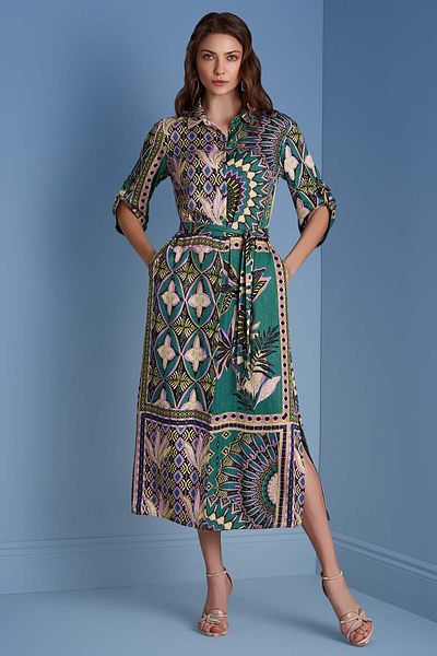 Guitar Rochie cu model multicolor cu guler tip cămașă