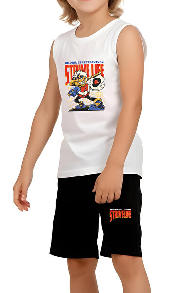 YA KO KİDS Strive Life Printed Boys' Suspender T-Shirt and Shorts Set Top and Bottom