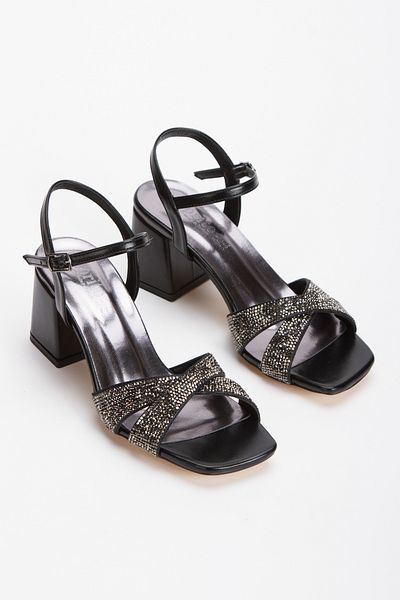 MFT AYAKKABI Women's 6 cm Thick Heeled Stone Open Front Evening Dress Shoes