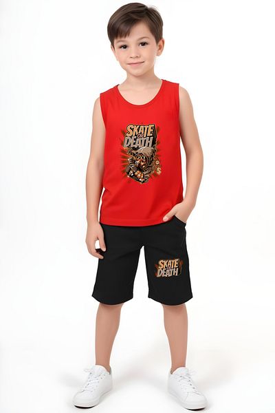 YA KO KİDS Skate or Death Printed Boys' Suspender T-Shirt and Shorts Set Top and Bottom