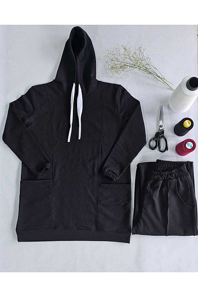 SEGÜL Hijab Clothing Women's Black Wide Pipe Leg Bottom Top Tracksuit Set