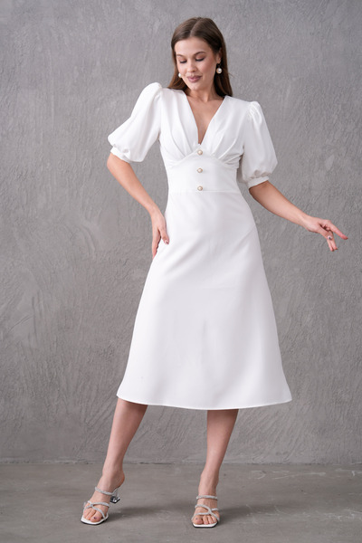 bayansepeti Beyaz Atlas Kumaş V Yaka Prenses Kol Düğme Aksesuarlı Kloş Midi Abiye Elbise 153