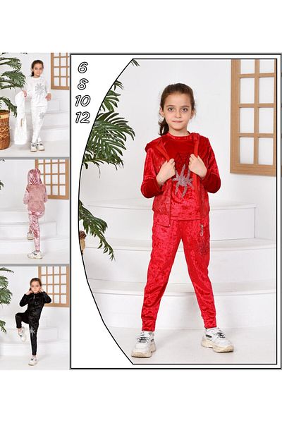 maramm Three Piece Velvet Girl's Tracksuit Set