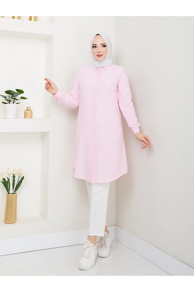 Kirazgym Pink Linen Fabric Long Shirt Tunic