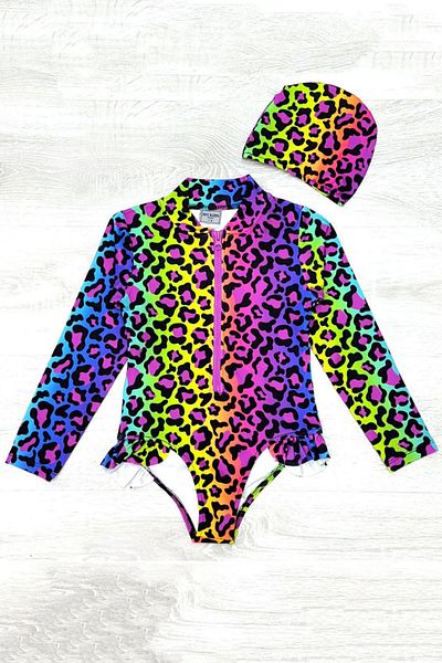 My Kids Wear Costum de baie pentru fetiță, cu detaliu cu volane, cu model leopard